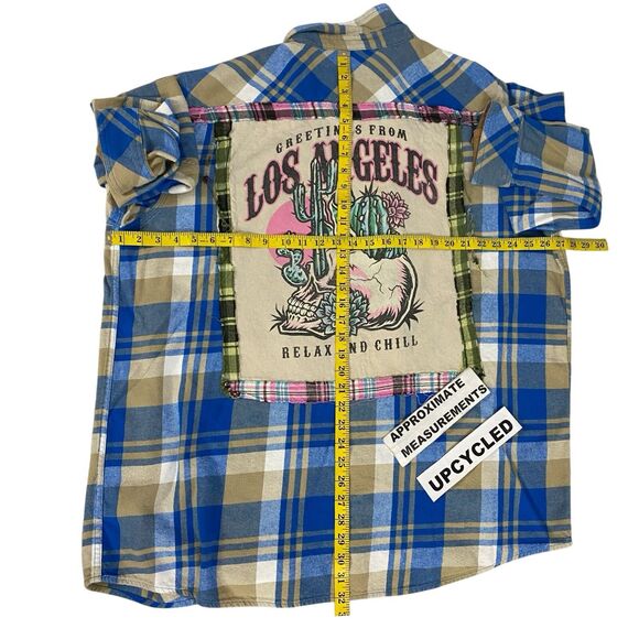 Upcycled Flannel Shirt Womens 3X Shacket Blue Desert Cactus Grunge Concert Art - Picture 2 of 16